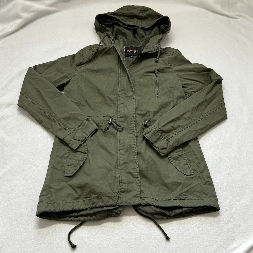 Ambiance Olive Green Hooded Anorak Utility Jacket Drawstring Waist Small Grunge